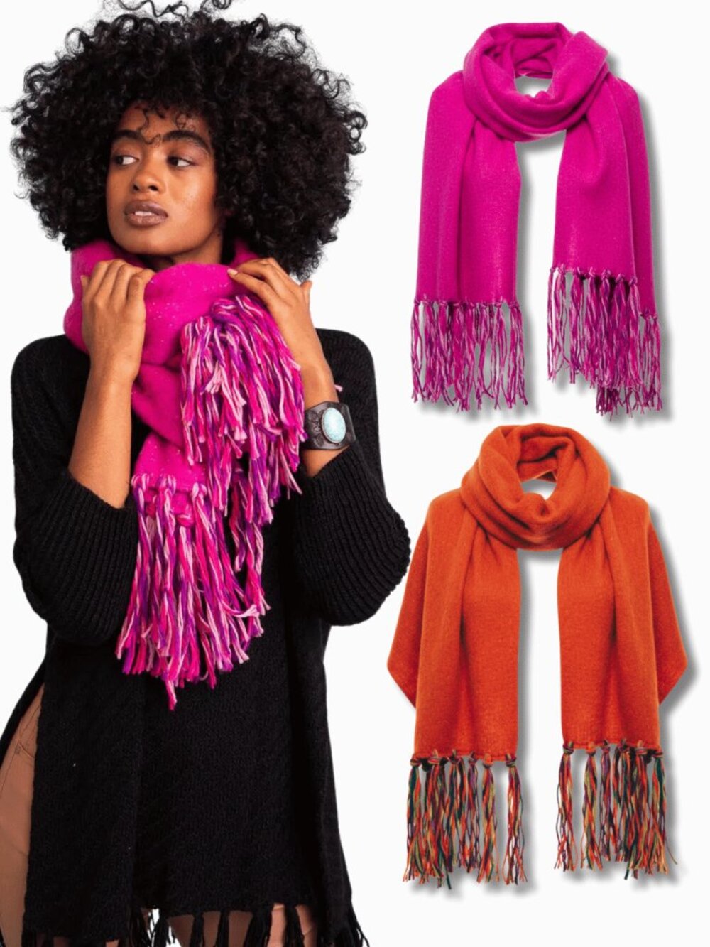 NEW Luxe Line Boho Festival Style Fringe Long Soft Wrap Scarf Orange or Hot Pink